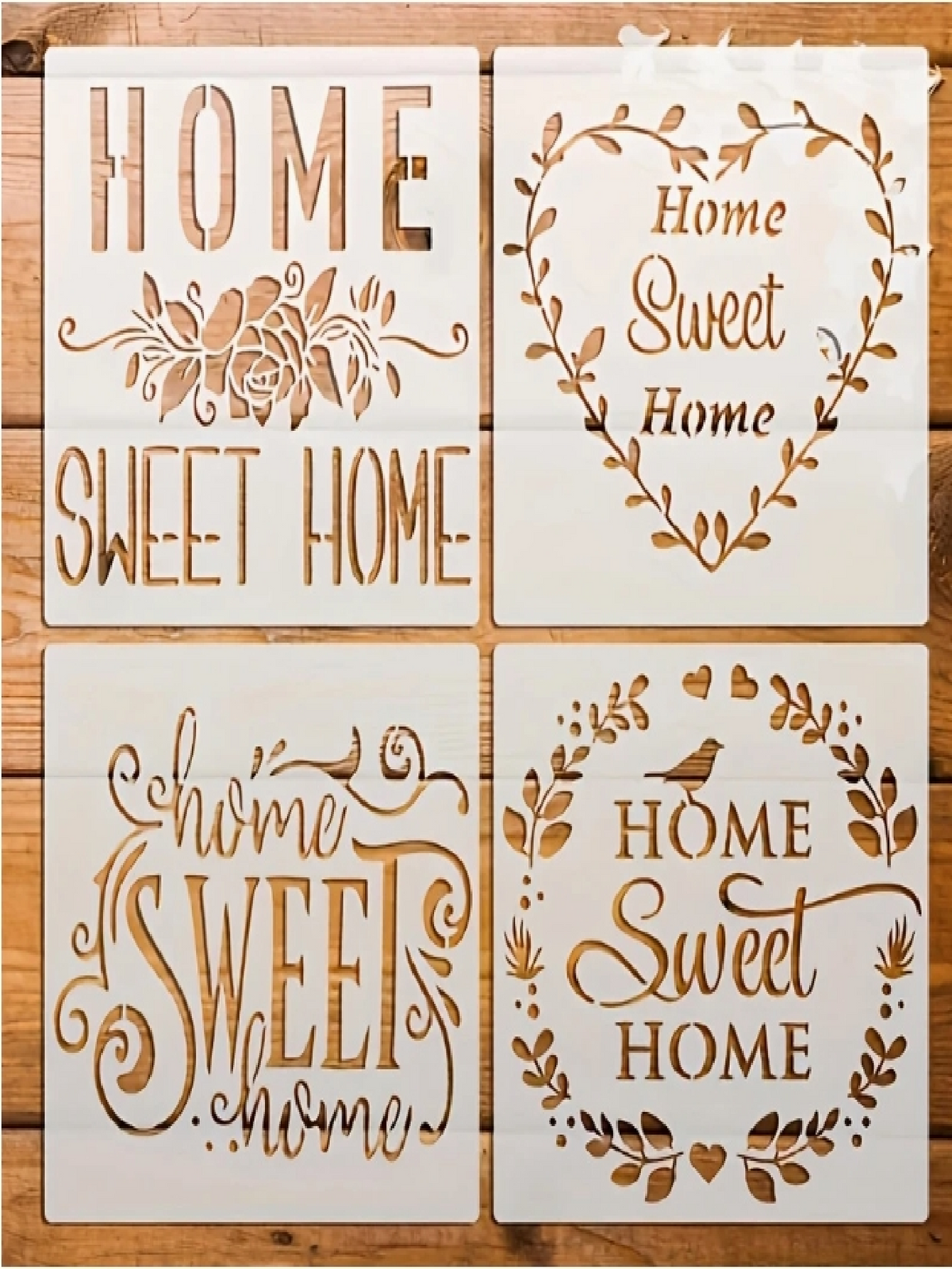 4pcs Sweet Home Decor Stencils- Floral & Heart Art Font Templates, 9.1 Inch Washable Reusable Flexible Painting Stencils, Suitable For Furniture, Doors & Windows, Fabric, DIY Crafts