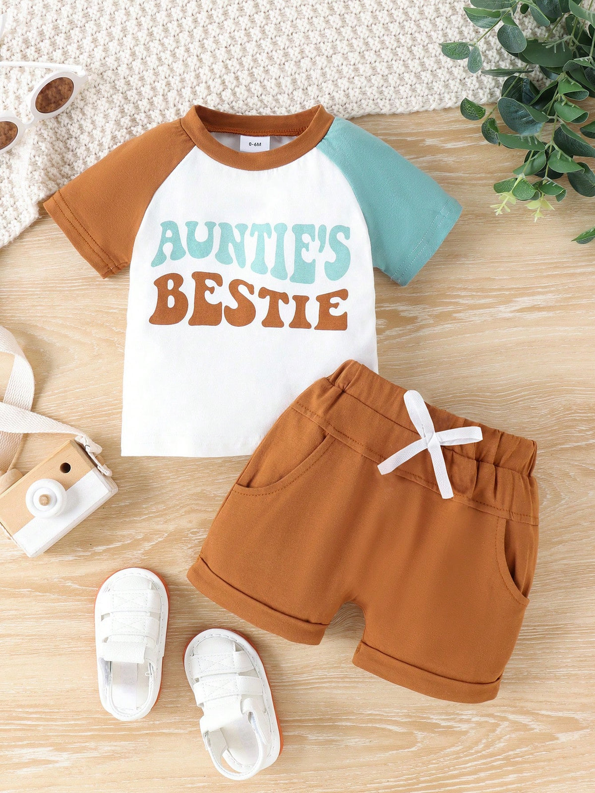Baby Boy's Letter Print T-Shirt With Pocket And Shorts Set, Spring/Summer
