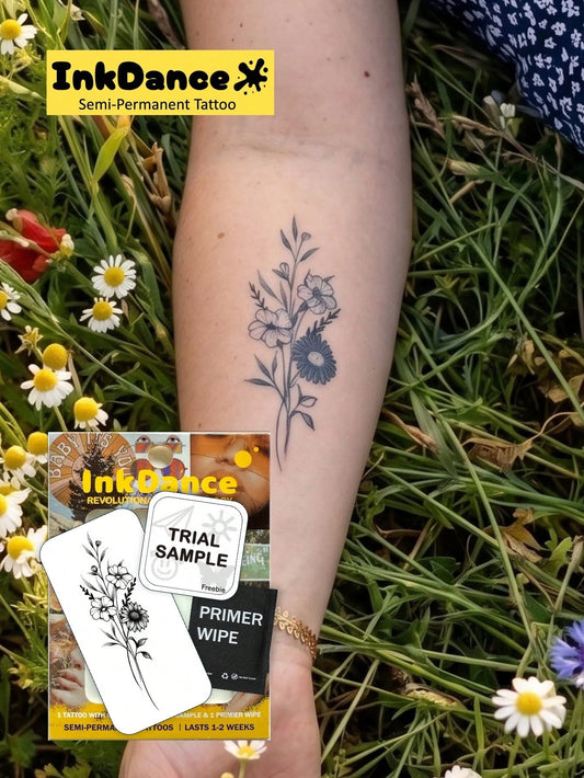1 Kit "Wildflower Bouquet" New Technology Tattoo Sticker, Semi-Permanent, Fine-Line, Botanical, Dainty, Temporary Tattoo, Fake Tattoo, Waterproof & Long-Lasting Realistic Design, Plant-Based Formula
