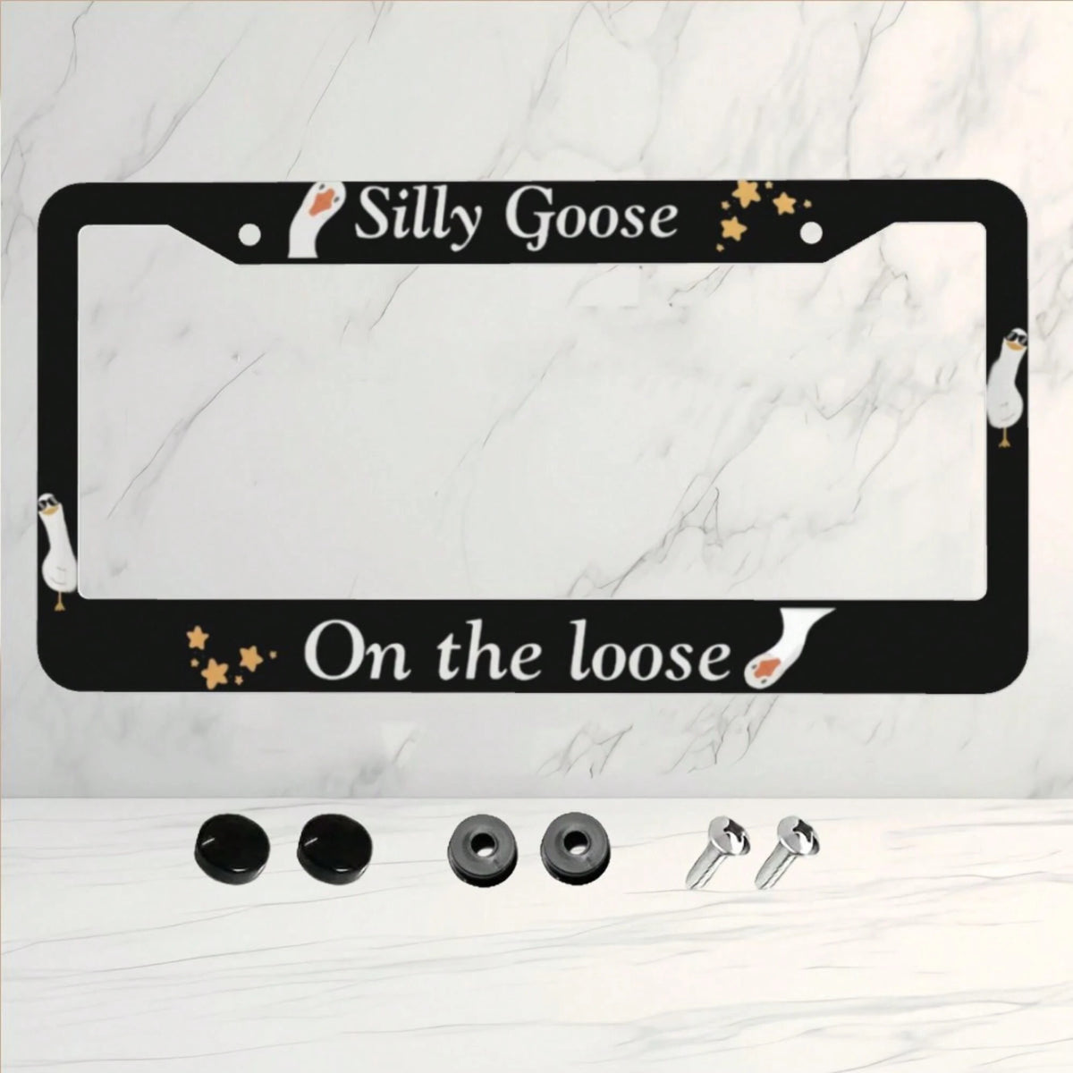 1 License Plate Frame, Black Goose Pattern Design License Plate Holder, Universal Decorative License Plate Bracket, Showcase Your Style, Fashionable Accessory, High-Quality Material, Suitable For Car