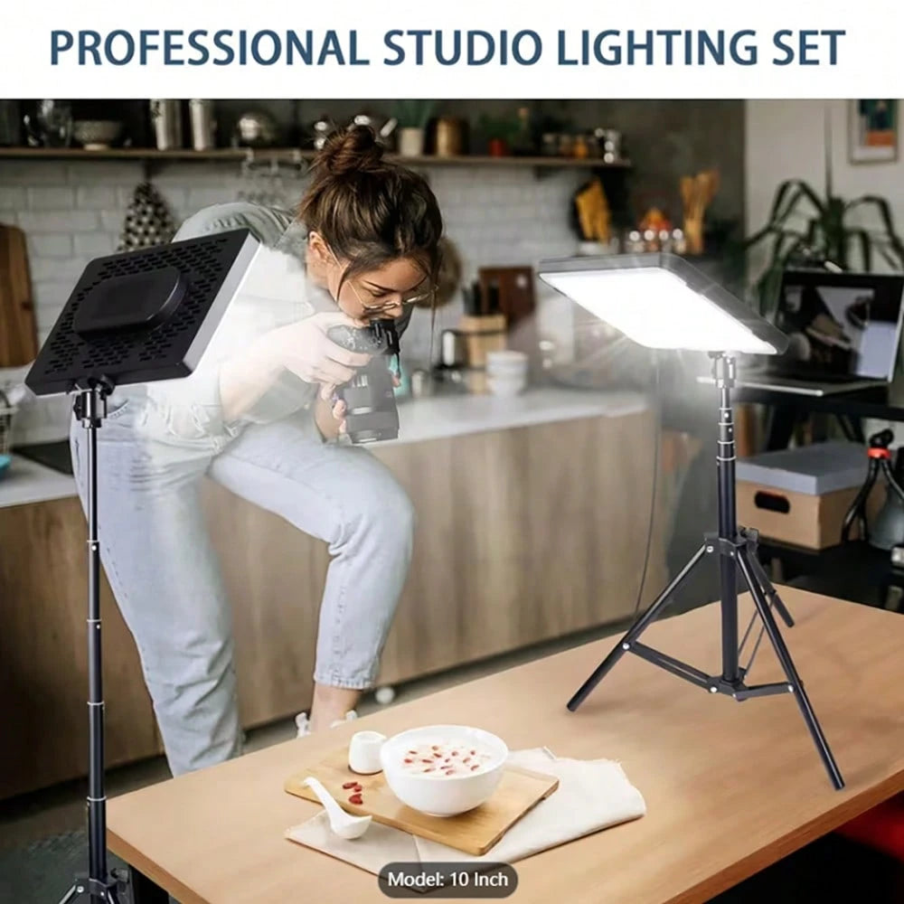 10-Inch Live Streaming Fill Light, With A 63-Inch Scalable Adjustable Tripod And An Metal Ball Head For TK YT Live Video Photography-Specific Small Desktop Food Lighting Spotlight, Square Flat Panel S