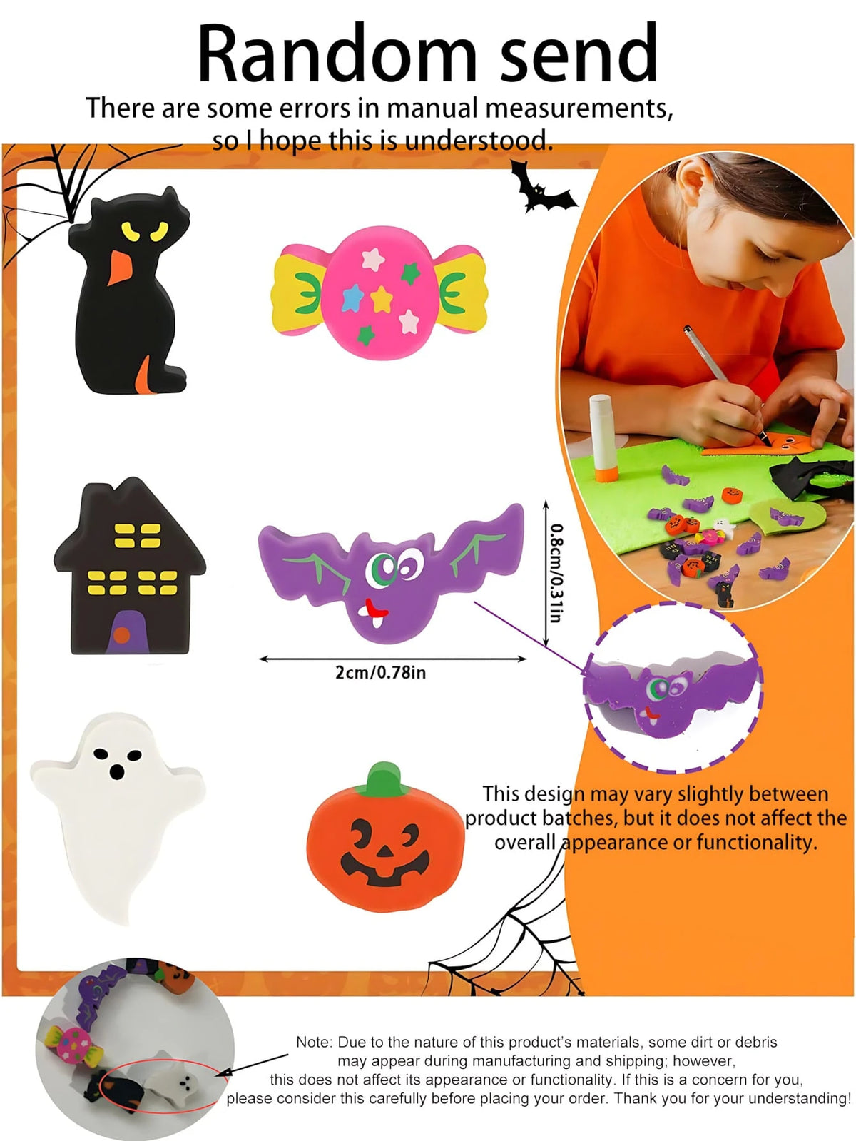 100pcs-Mini Halloween Erasers, Pumpkin Ghost Bat Fun Pencil Erasers, Halloween Party Gifts, Student Classroom Rewards, School Office Art Supplies, Student Office Supplies, Desktop Decoration