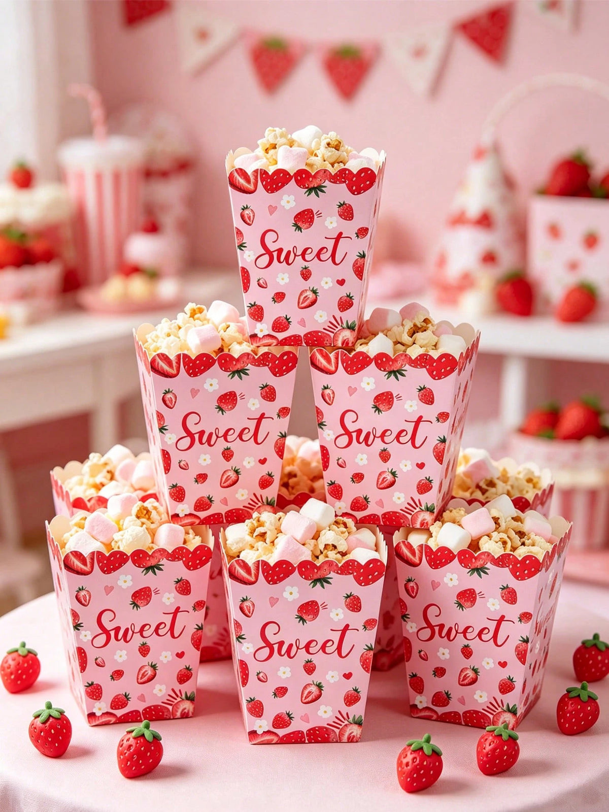 10pcs Strawberry Themed Disposable Paper Popcorn Boxes, Suitable For Strawberry Themed Birthday Party, French Fry Boxes, Bread Boxes, 1st Birthday Party, Baby Shower Party, Gender Reveal Party Decorat