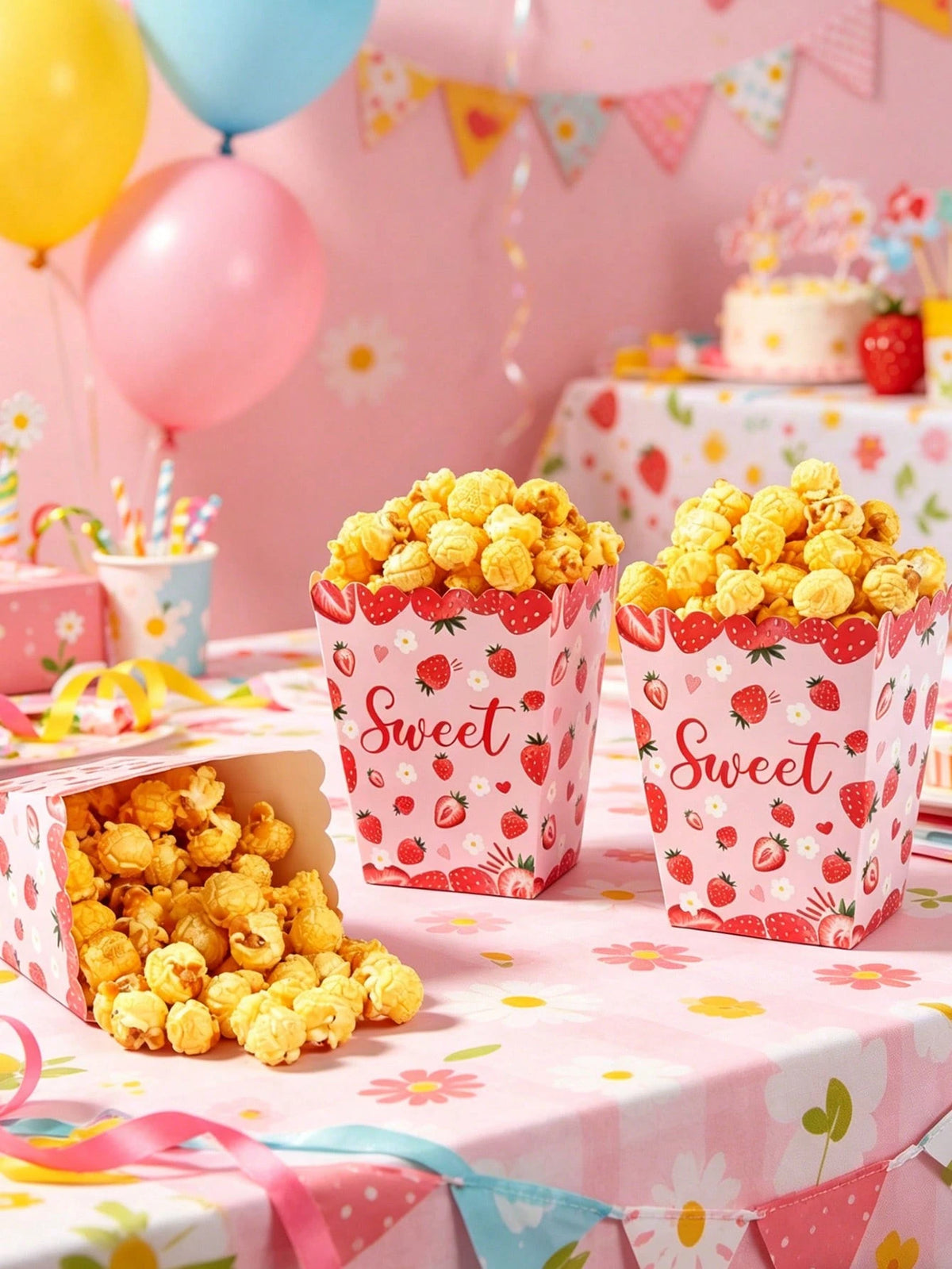10pcs Strawberry Themed Disposable Paper Popcorn Boxes, Suitable For Strawberry Themed Birthday Party, French Fry Boxes, Bread Boxes, 1st Birthday Party, Baby Shower Party, Gender Reveal Party Decorat