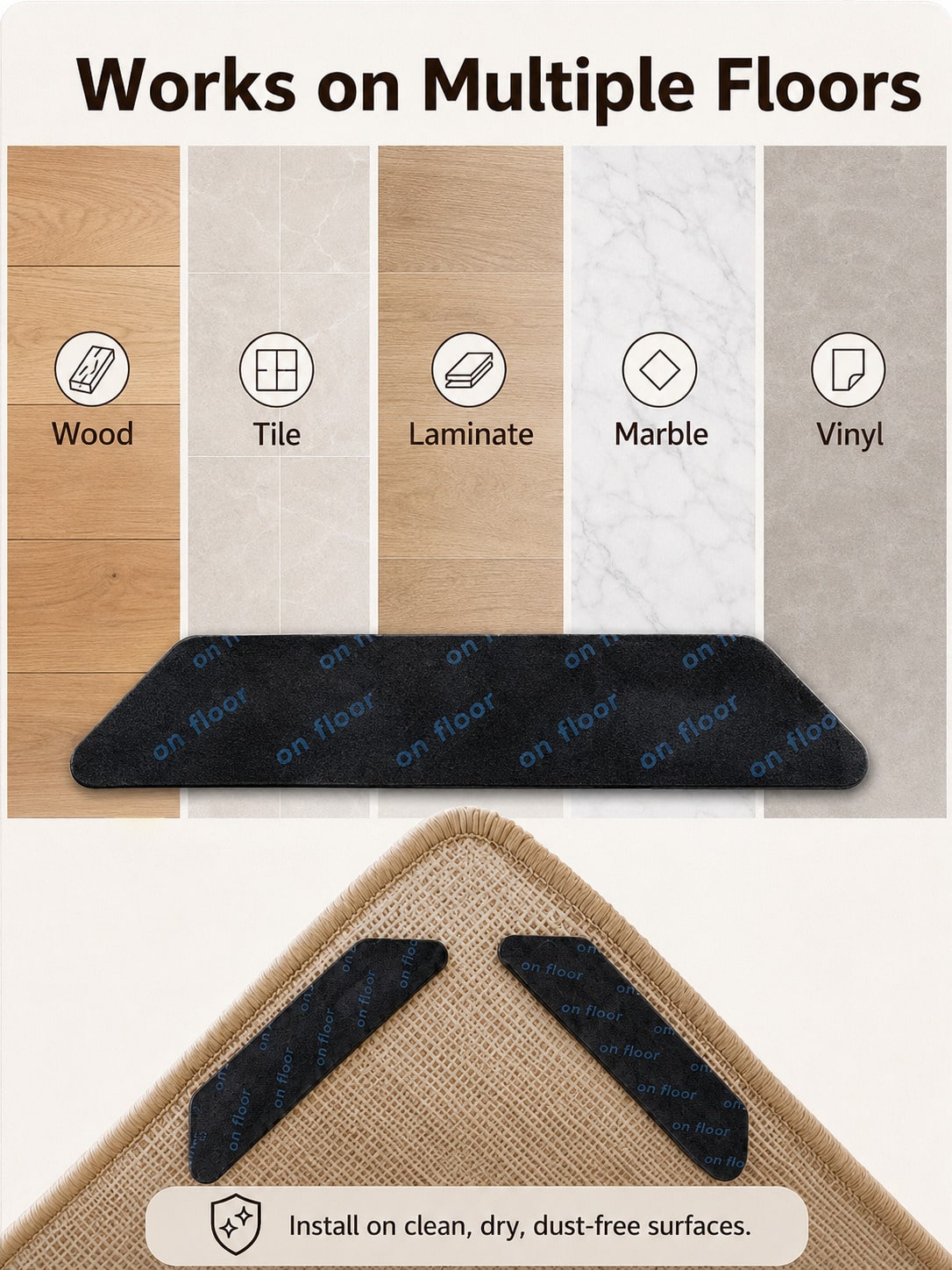 12PCS Rug Grippers – Anti-Curl Non-Slip Carpet Pads, Washable & Reusable, Keep Corners Flat On Wood, Tile, Laminate & Vinyl Floors