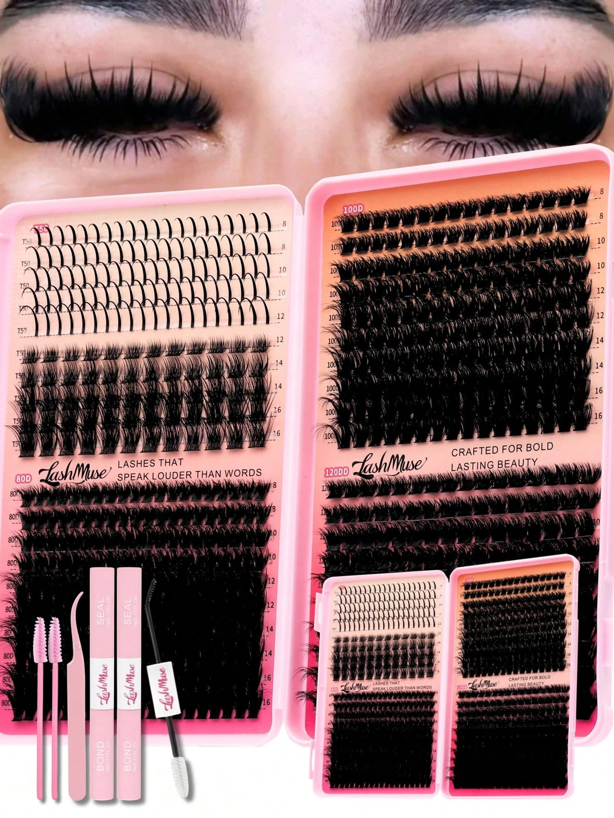 1360PCS/680PCS DD Curl Lash Clusters Kit With Ultra-Dense, Waterproof, Long-Lasting Lashes, Velure, Fairy, Flora, Muse Styles, 50D/80D/100D/120D, Hybrid Volume Look, Beginner-Friendly,Includes Lash Gl