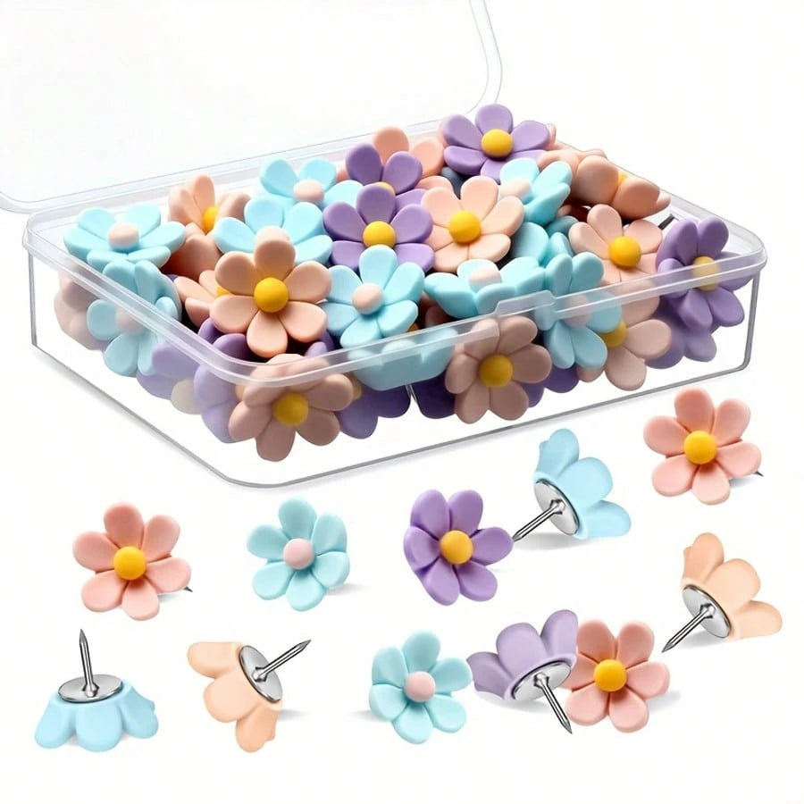 15pcs/30pcs Pastel Colors Cute Floral Push Pins- Brown, Beige, Green, Sewing, Office- Assorted Sizes & Shapes, Cute Pins