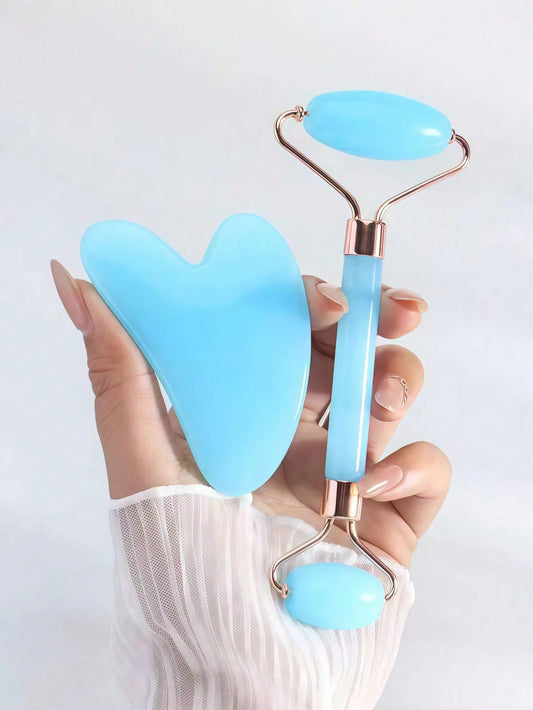 1pc&2pcs Facial Beauty Massage Set Dual-Head Roller Massager Triangular Gua Sha Scraper Body Massage Tool Set Light Blue