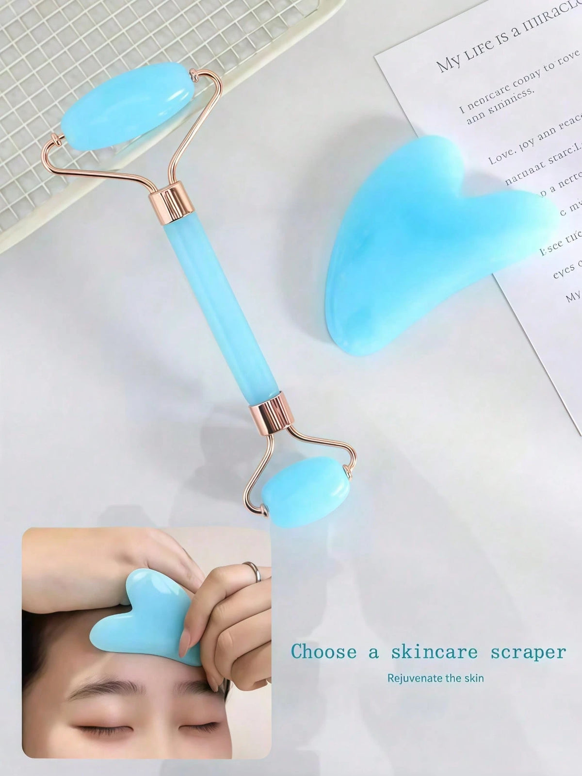 1pc&2pcs Facial Beauty Massage Set Dual-Head Roller Massager Triangular Gua Sha Scraper Body Massage Tool Set Light Blue