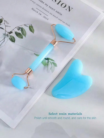 1pc&2pcs Facial Beauty Massage Set Dual-Head Roller Massager Triangular Gua Sha Scraper Body Massage Tool Set Light Blue