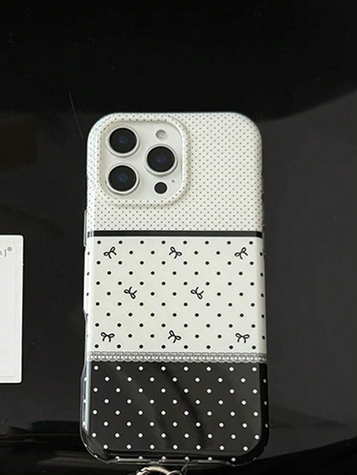 1pc Black‑White Three‑Section Spliced Polka Dot Phone Case Cute Mini Bow Print Lace Line Decoration INS Sweet Vintage Style Shockproof Full‑Wrap Phone Cover Fashion Daily Phone Accessories Gift Compat