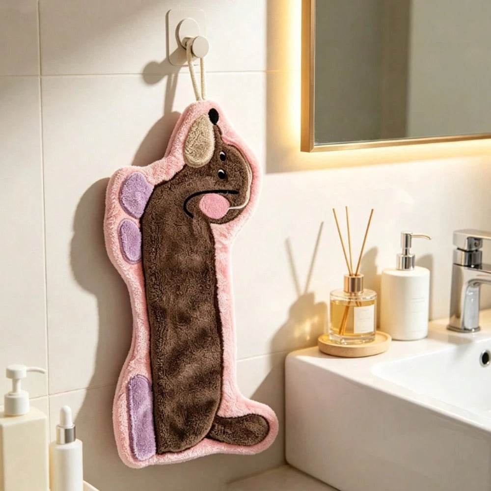 1pc Creative Dachshund Pattern Towel, Cute Cartoon Coral Fleece Hand Towel, Hanging Long Kitchen Bathroom Small Towel, Suitable For Kitchen, Bathroom, Room Decoration, Strong Water Absorption, No Shed