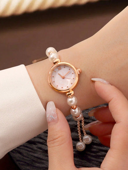1pc Fashionable & Sweet Women's Watch, Versatile Round Dial, Pearl Chain Strap, Suitable For Holidays, Parties, Weddings, Back To School, Christmas, Thanksgiving, Halloween, Easter And Other Occasions