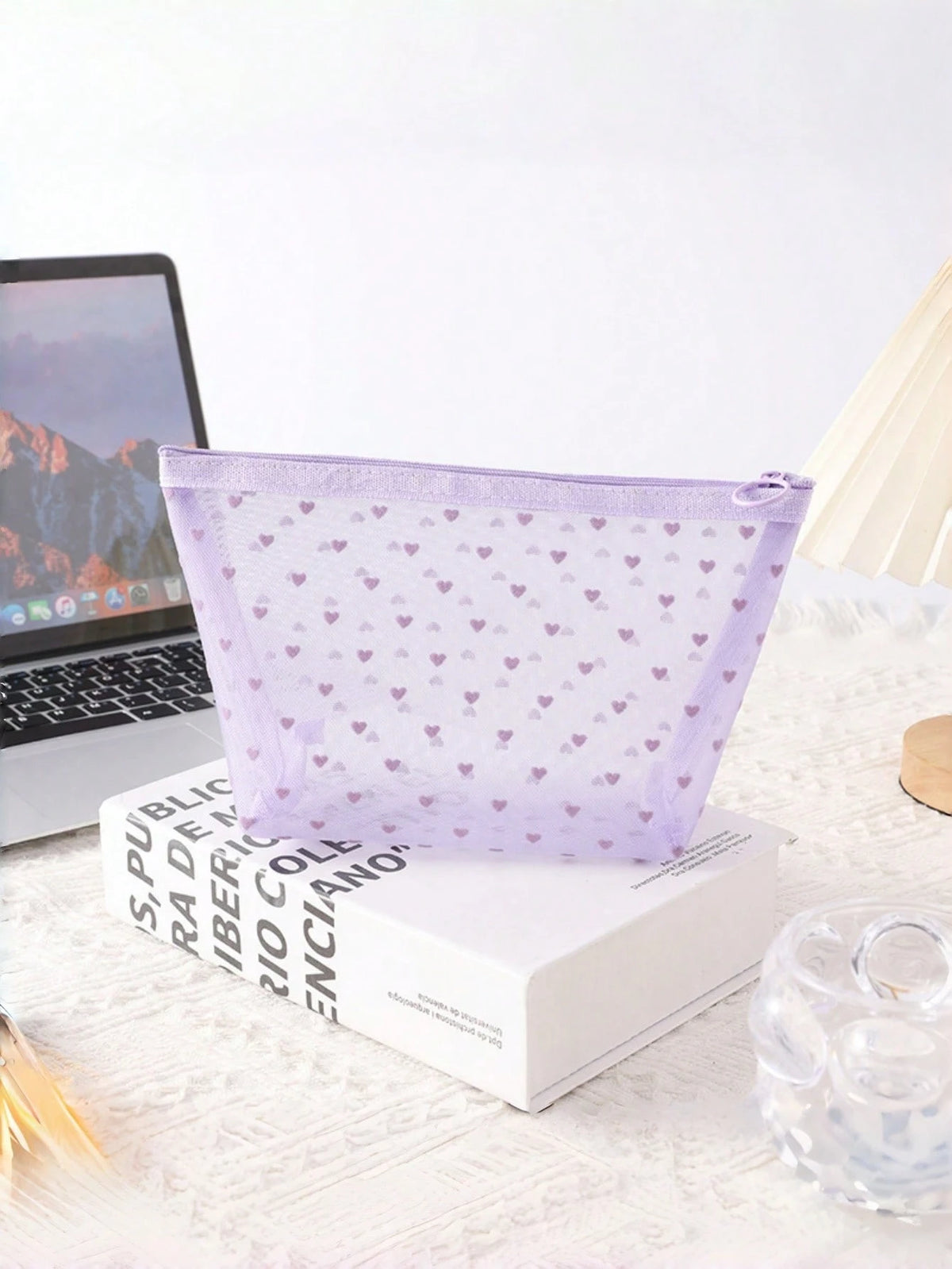 1PC Heart Print Mesh Makeup Bag Set Toiletry Cosmetic Purse With Zipper Portable Storage Organizer For Home Office Travel Christmas Gift Boho Purple
