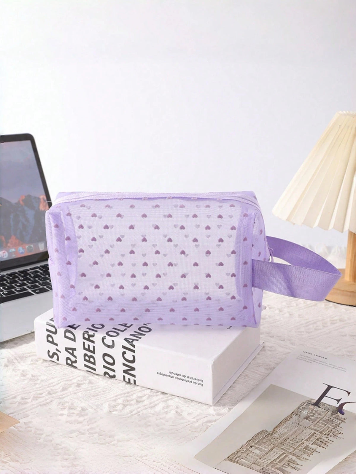 1PC Heart Print Mesh Makeup Bag Set Toiletry Cosmetic Purse With Zipper Portable Storage Organizer For Home Office Travel Christmas Gift Boho Purple