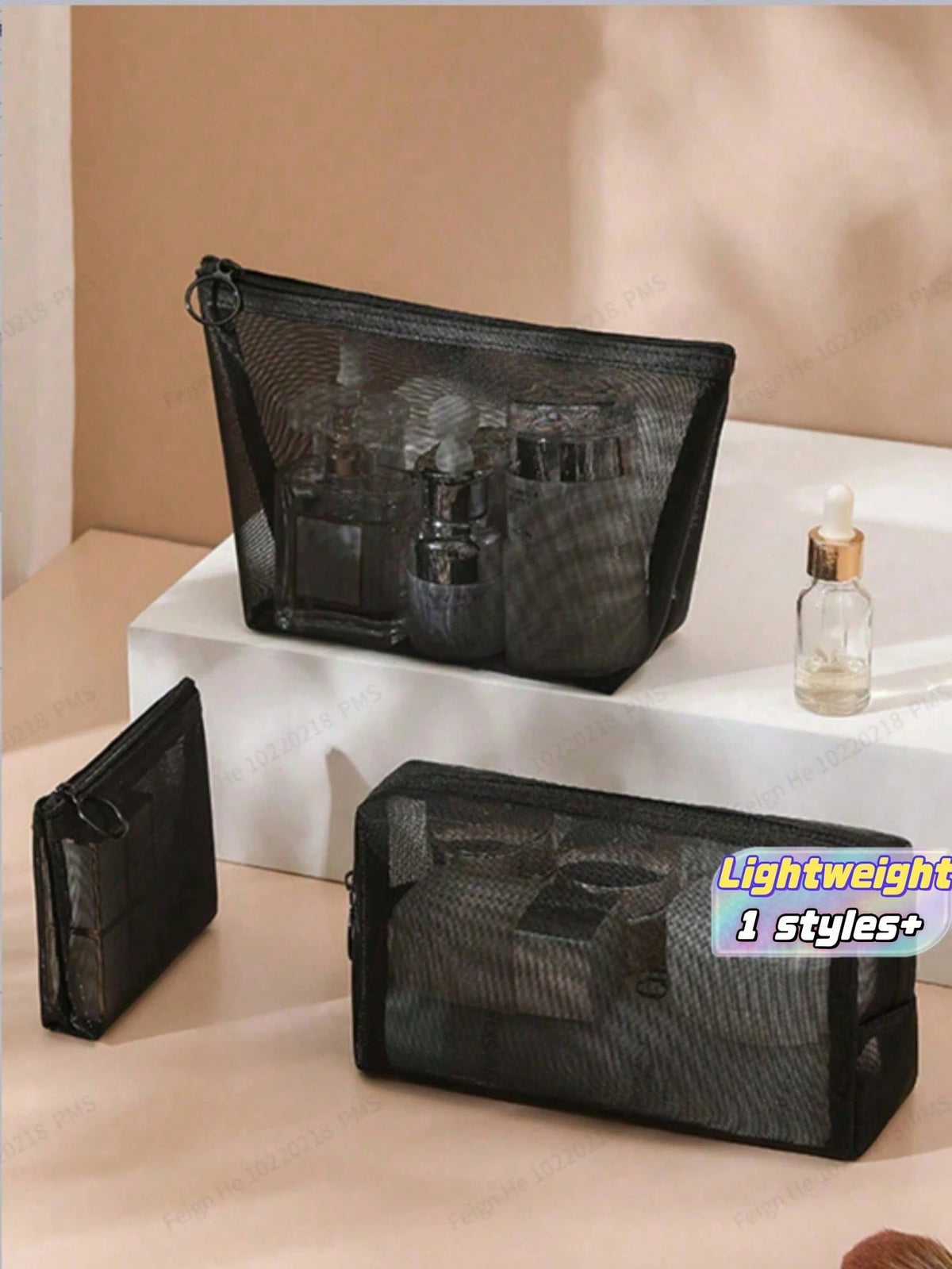 1PC Heart Print Mesh Makeup Bag Set Toiletry Cosmetic Purse With Zipper Portable Storage Organizer For Home Office Travel Christmas Gift Boho Purple