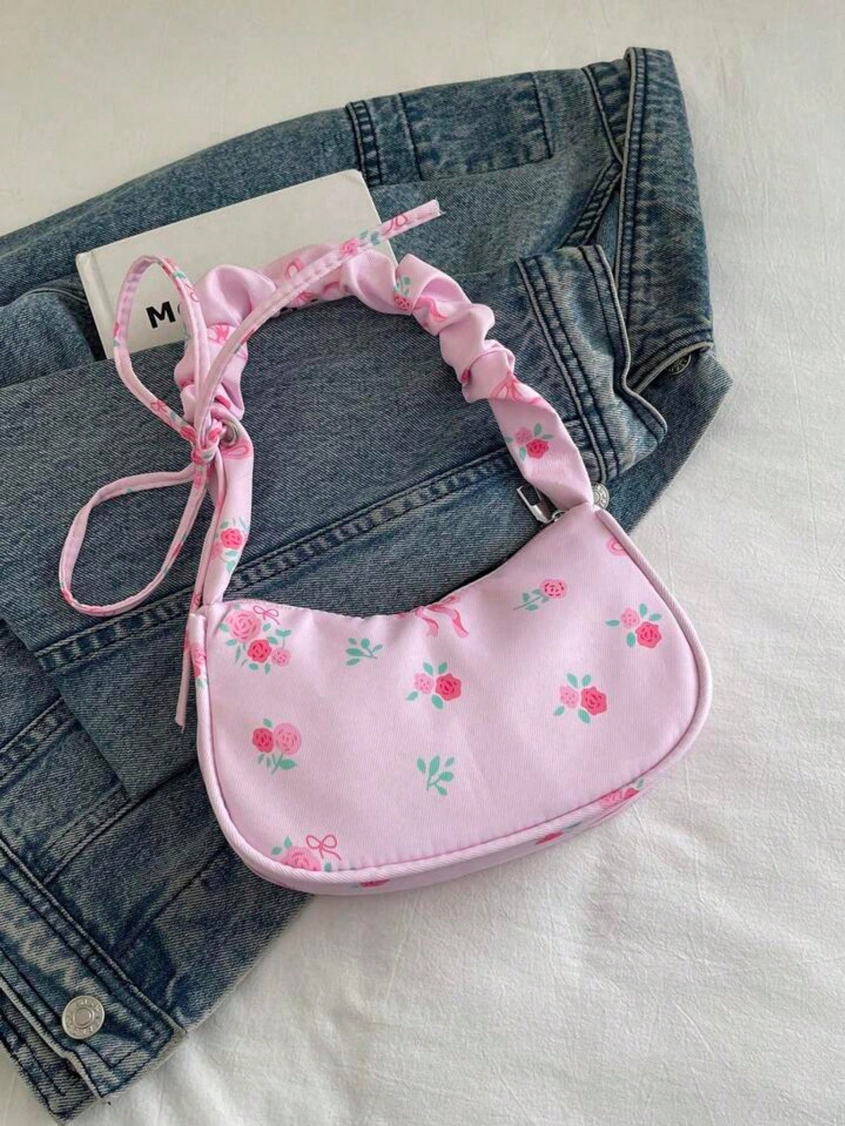 1pc Pink Nylon Printed Zipper Casual Women's Shoulder Bag, Multipurpose For Daily Use