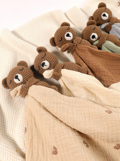 1pc Soft Solid Color Baby Comforting Towel, Brown Bear Design, Face Towel, Drool Towel, Soft Comforting Towel In White, Blue, Coffee, Brown Colors