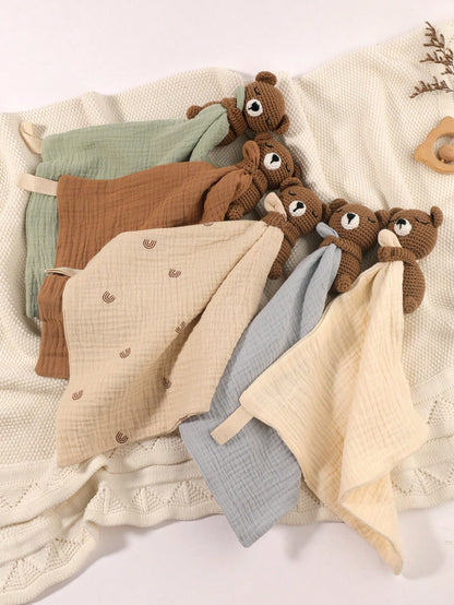 1pc Soft Solid Color Baby Comforting Towel, Brown Bear Design, Face Towel, Drool Towel, Soft Comforting Towel In White, Blue, Coffee, Brown Colors