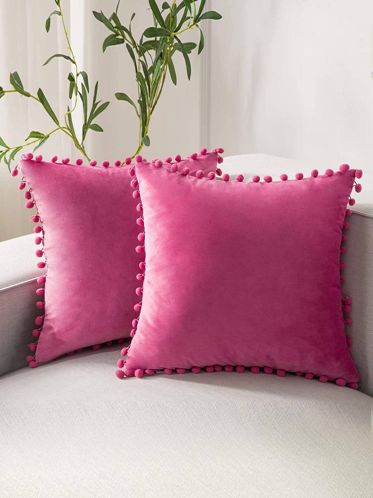 1pc Solid Color Cushion Cover Without Filler, Pom Pom Decor Chemical Fiber Decorative Throw Pillow Case For Living Room, Home Decor