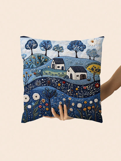 1pc Vintage Dalarna Farm Blue Throw Pillow Cover, 18" X 18", Soft Plush, Single-Sided Print, Zippered, Machine Washable, Suitable For Various Room Styles, Decorative Cushion Cover- No Embroidery
