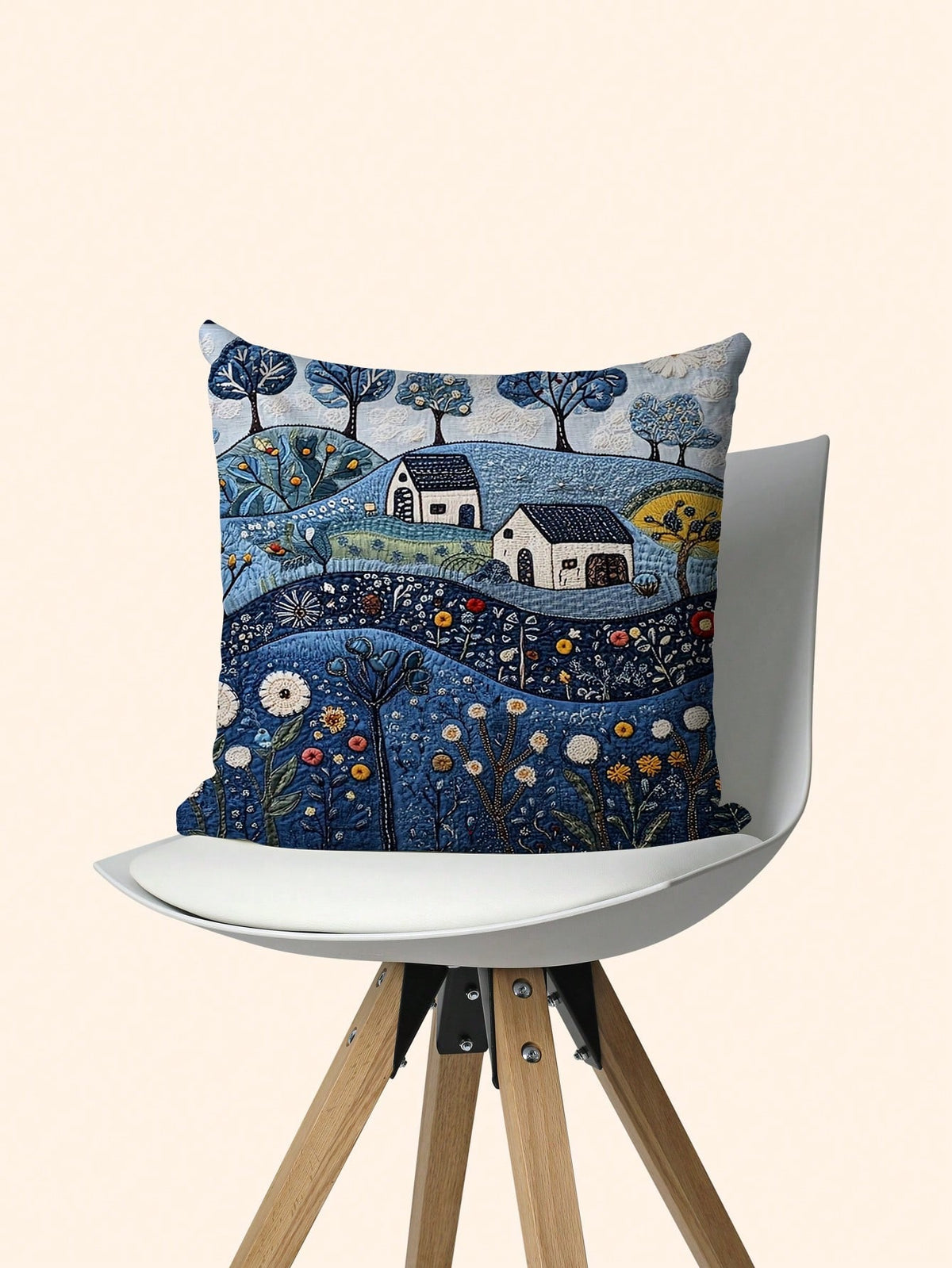1pc Vintage Dalarna Farm Blue Throw Pillow Cover, 18" X 18", Soft Plush, Single-Sided Print, Zippered, Machine Washable, Suitable For Various Room Styles, Decorative Cushion Cover- No Embroidery