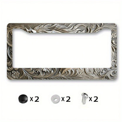 1pc Vintage Floral Aluminum License Plate Frame 12.2x6.3in, Durable Alloy Auto Cover For Cars Trucks Motorcycles Elegant Decor Accessory,Car Cover,Car Must Haves,Gifts,Car Decor,Car Acessesories>Essen