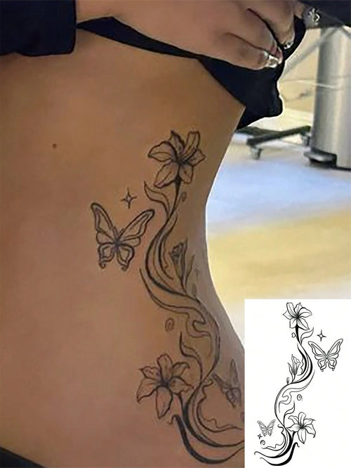 1pc Waterproof Temporary Tattoo Sticker, Elegant Floral & Butterfly Design, High-Quality Temporary Tattoo Sheet Suitable For Fashionable People, Fake Tattoo Arm Use