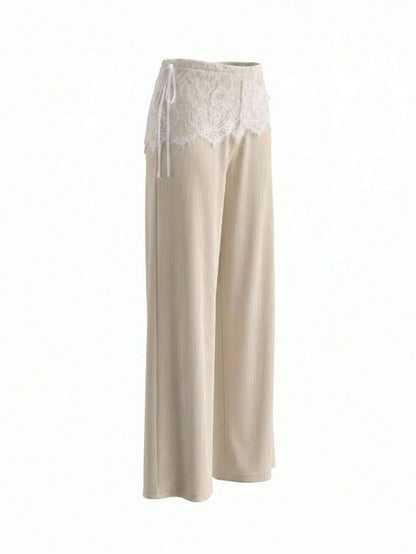 2026 New Fashion Casual Lace Ribbed Elastic Straight Leg Pants, Suitable For Daily Wear, School, Beach, Vacation And Home Summer, Effortless Style