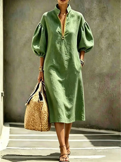 2026 Summer New Stand Collar Half Zip Puff Sleeve Loose Midi Shirt Dress