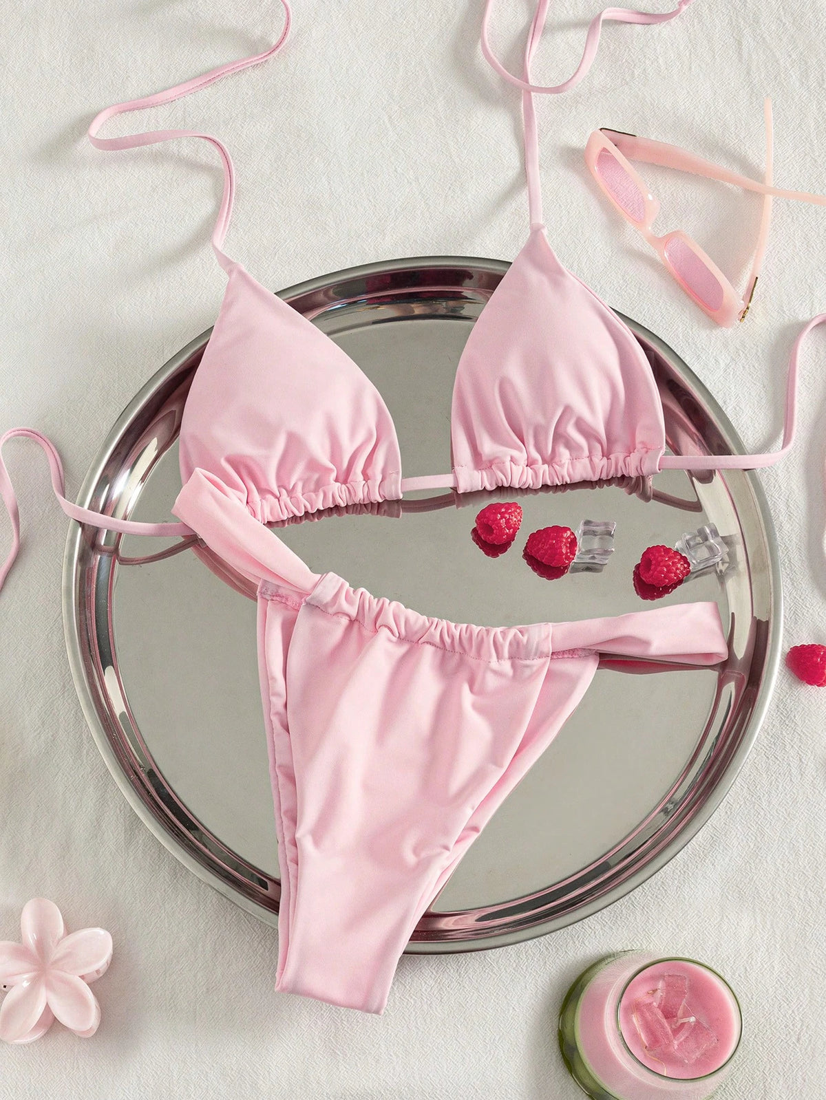 2026 Women's Beach Summer Swimwear Set Random Print Spaghetti Strap Sexy Bikini, Summer Set, Elegant, Valentine's Day, Beach, Vacation, Carnival Pink, Resort Wear