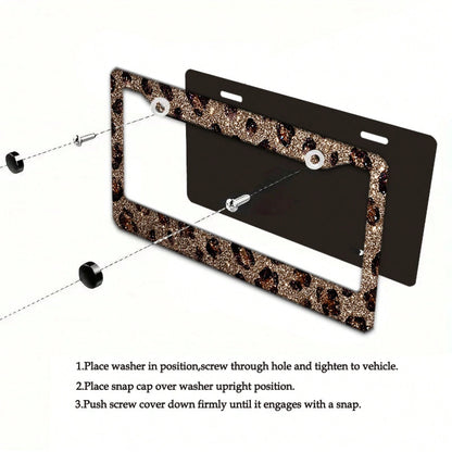 2D Flag 12.2inch X 6.3inch 16cm X 31cm Car License Plate Frame Exquisite Flat Design Glossy Leopard Print Decoration Waterproof Suitable For Car Modification Holiday Gift 01360 Fashionable License Pla