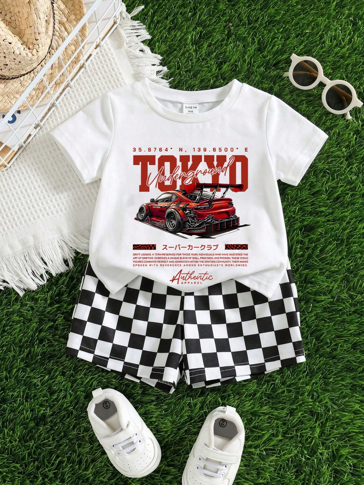 2pcs/Set Baby Boy Cute Summer Casual Racing Vintage Distressed Car Graphic Loose Short Sleeve T-Shirt Ch Holiday White And Red Black And White