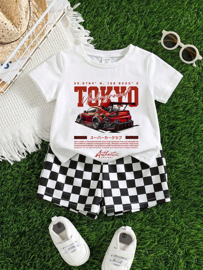 2pcs/Set Baby Boy Cute Summer Casual Racing Vintage Distressed Car Graphic Loose Short Sleeve T-Shirt Ch Holiday White And Red Black And White