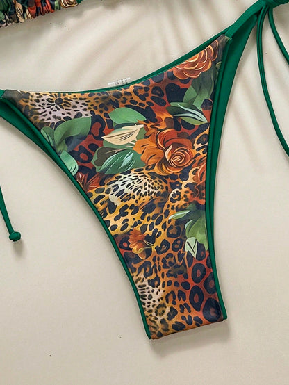 2pcs/Set Women Leopard Print Spaghetti Strap Tie Sexy Bikini Set, Suitable For Beach Vacation And Halloween Wear, Summer 2025