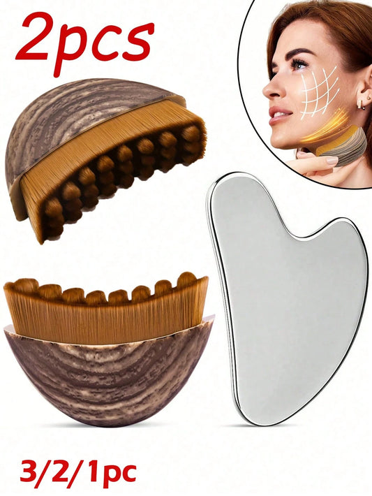 3/2/1pc Facial Skincare Massage Set- Lymphatic Contour Facial Brush, Stainless Steel Heart-Shaped Gua Sha Board, Face, Chin And Jaw Lymphatic Detox Massage Tool, Enhances Skincare Effect And Radiance