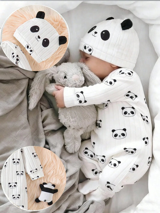 3-24M Baby Unisex Panda Graphic Ribbed Knit Romper+Hat, Soft Cozy Long Sleeve Cute Jumpsuit,Fall/Autumn/Winter, Holiday Outfit Halloween