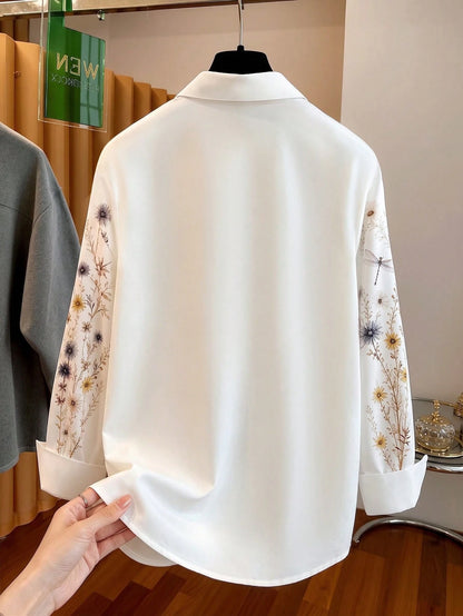 3D Faux Pearl Flower Printed Women Blouse