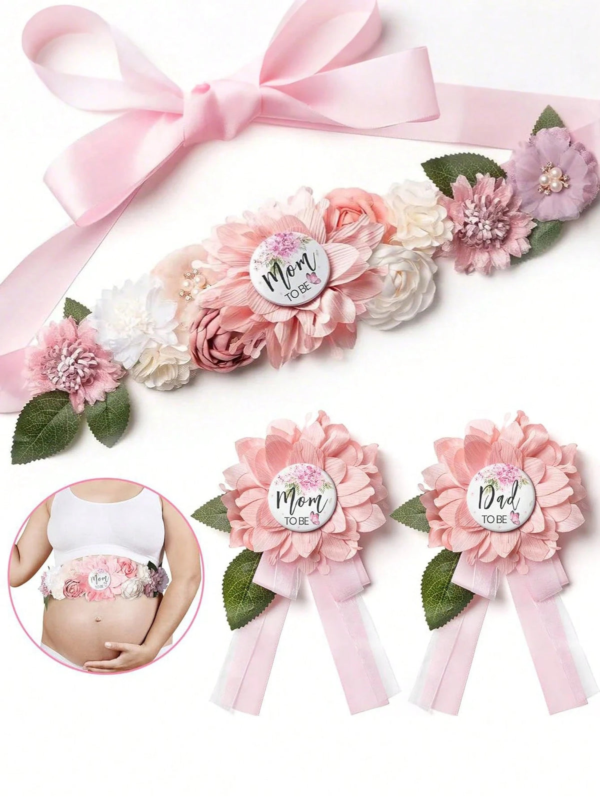 3pcs Set- Baby Shower Maternity Belly Band- Pink Floral Belly Band, Mom-To-Be & Dad-To-Be Corsage Pins, Gender Reveal Party, Welcome Baby Party, Maternity Floral Belly Band, Maternity Corsage Pins D
