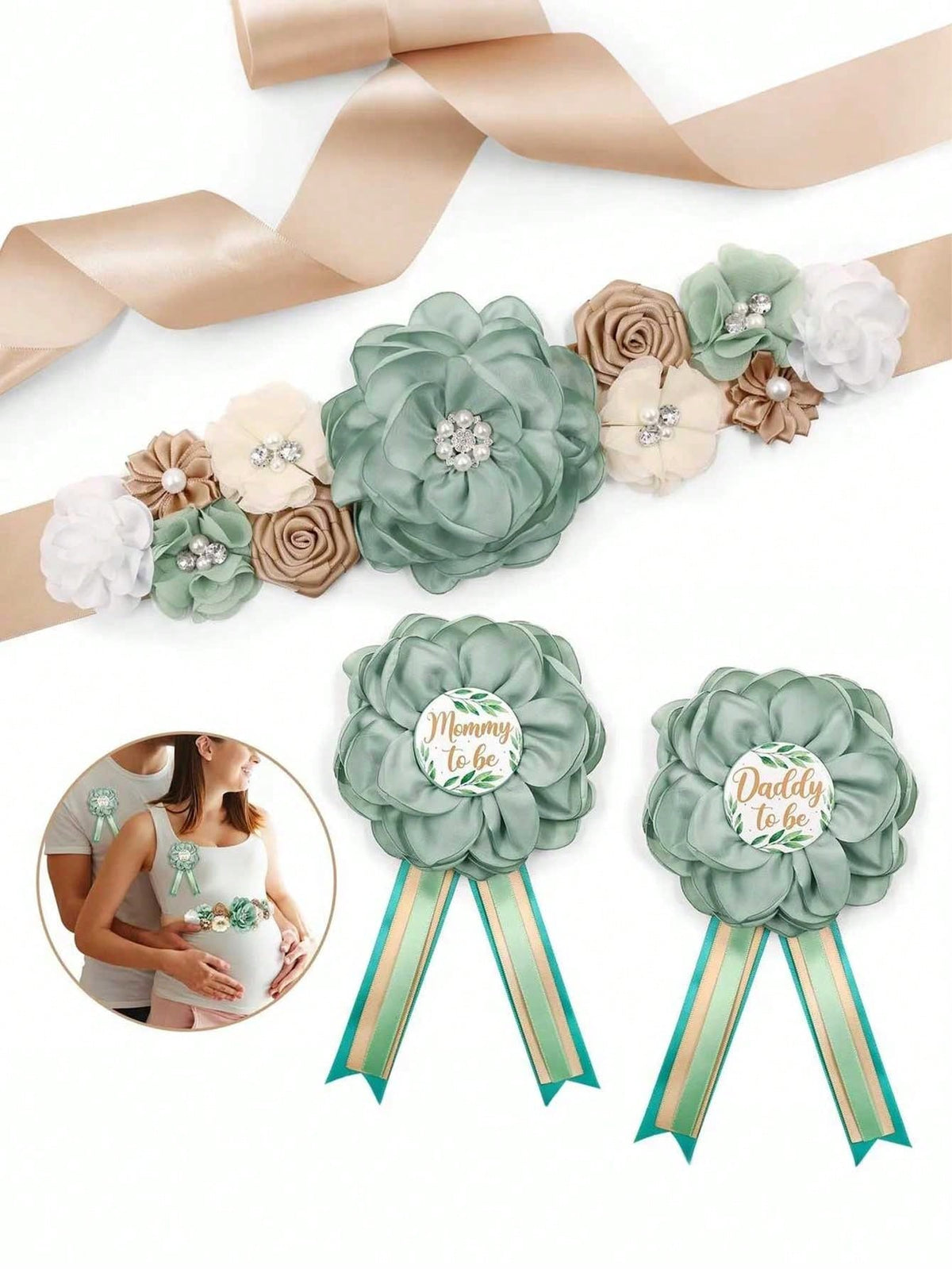 3pcs Set- Baby Shower Maternity Belly Band- Pink Floral Belly Band, Mom-To-Be & Dad-To-Be Corsage Pins, Gender Reveal Party, Welcome Baby Party, Maternity Floral Belly Band, Maternity Corsage Pins D