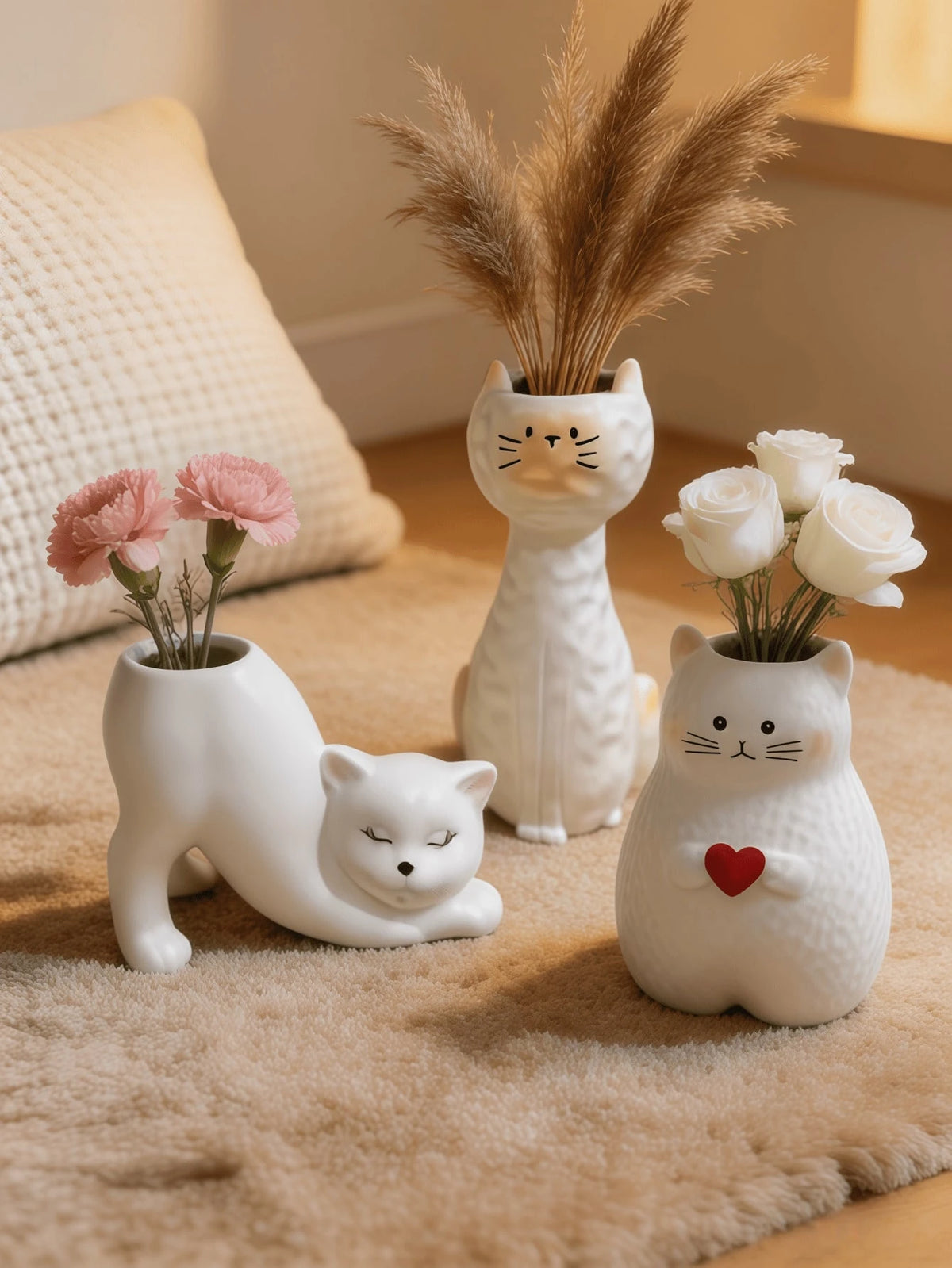3pcs/Set Cute Cat Shaped Vases, Cream White, Dried Flower Plant Holder Desktop Decor, Suitable For Windowsill, Desk, Bookshelf, Bedroom, Living Room, Japanese Cute Pastoral Style Home Decor, Housewarm