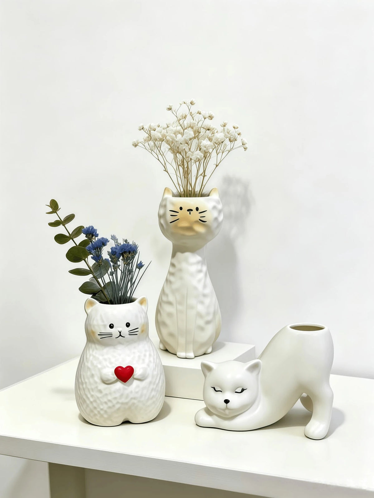 3pcs/Set Cute Cat Shaped Vases, Cream White, Dried Flower Plant Holder Desktop Decor, Suitable For Windowsill, Desk, Bookshelf, Bedroom, Living Room, Japanese Cute Pastoral Style Home Decor, Housewarm
