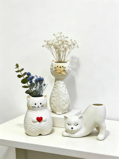 3pcs/Set Cute Cat Shaped Vases, Cream White, Dried Flower Plant Holder Desktop Decor, Suitable For Windowsill, Desk, Bookshelf, Bedroom, Living Room, Japanese Cute Pastoral Style Home Decor, Housewarm