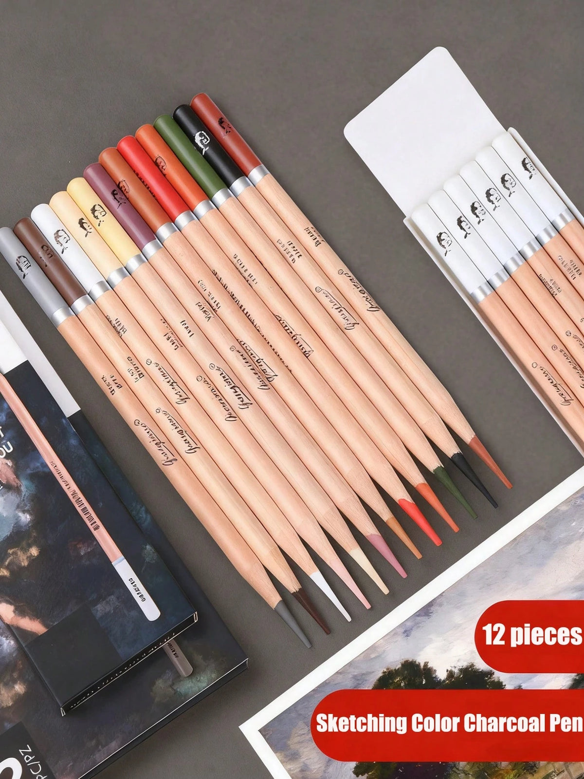 4/6/10/12/24-Piece Colored Charcoal And Sketching Charcoal Sets, Colored Charcoal, 10-Piece Sketching Set (Eraser, Pencil Sharpener, Charcoal Pencils Of Various Hardnesses), Art Student Pencils-Suitab