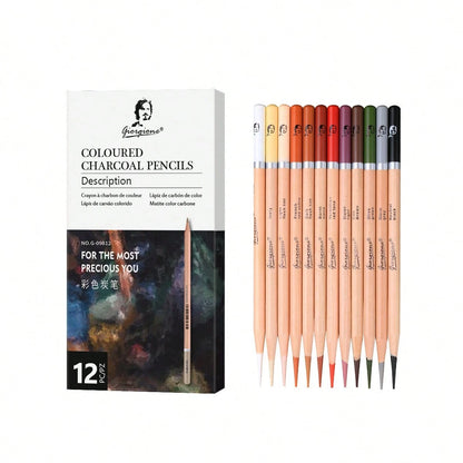 4/6/10/12/24-Piece Colored Charcoal And Sketching Charcoal Sets, Colored Charcoal, 10-Piece Sketching Set (Eraser, Pencil Sharpener, Charcoal Pencils Of Various Hardnesses), Art Student Pencils-Suitab