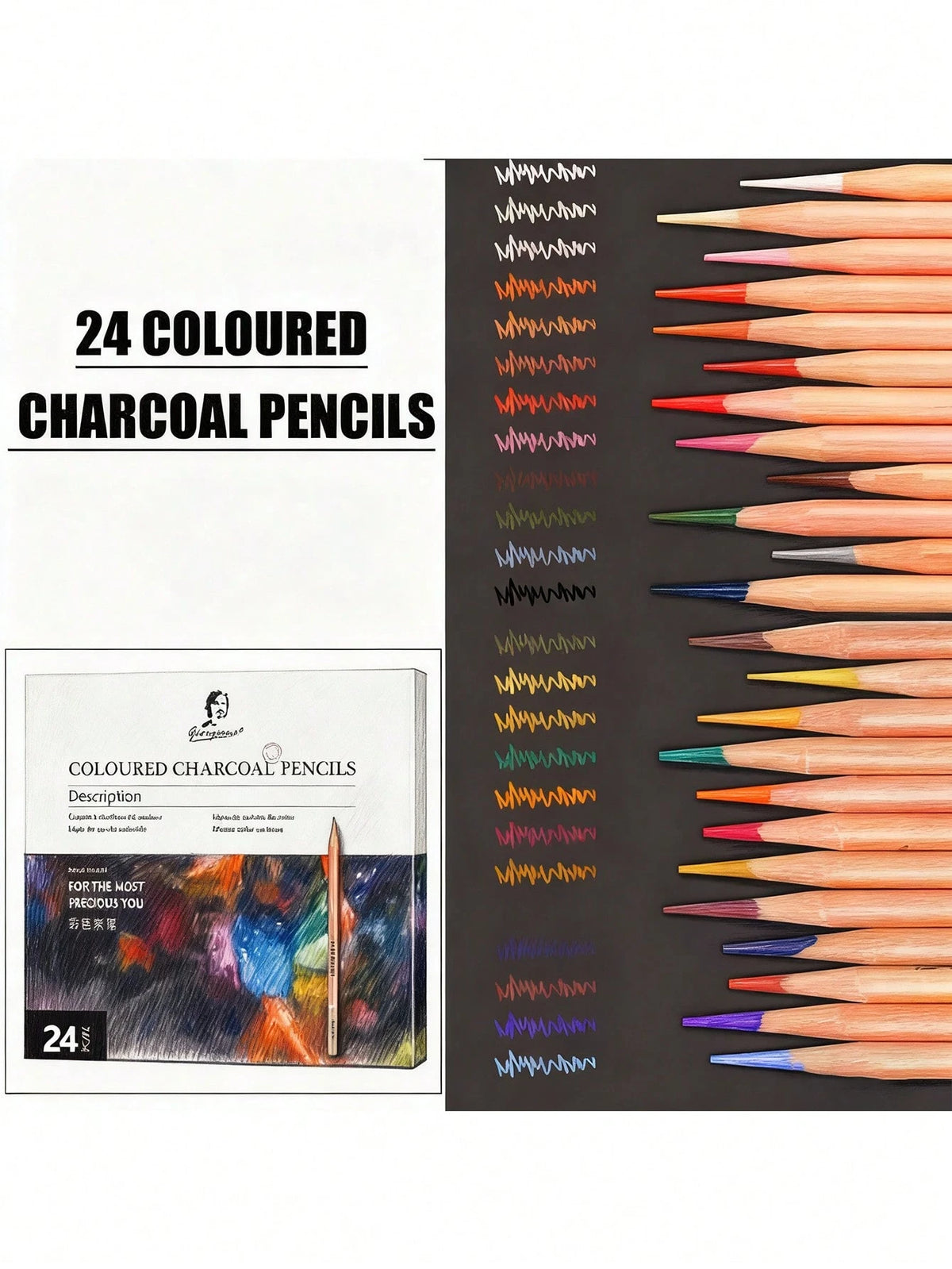 4/6/10/12/24-Piece Colored Charcoal And Sketching Charcoal Sets, Colored Charcoal, 10-Piece Sketching Set (Eraser, Pencil Sharpener, Charcoal Pencils Of Various Hardnesses), Art Student Pencils-Suitab