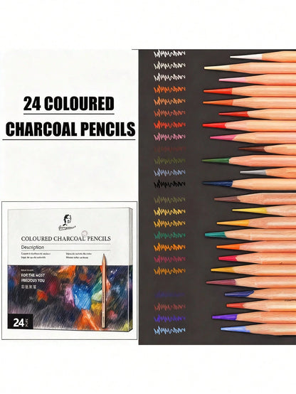 4/6/10/12/24-Piece Colored Charcoal And Sketching Charcoal Sets, Colored Charcoal, 10-Piece Sketching Set (Eraser, Pencil Sharpener, Charcoal Pencils Of Various Hardnesses), Art Student Pencils-Suitab