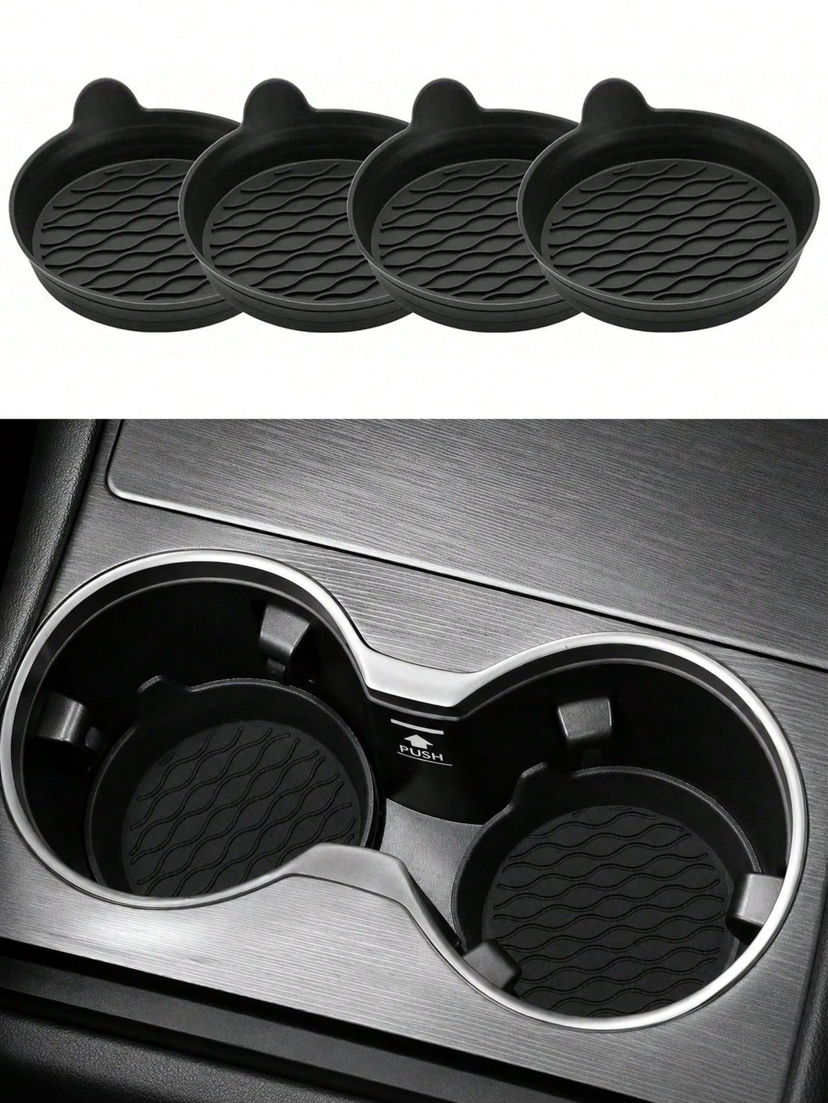 4 Packs Silicone Car Cup Coasters- Non-Slip Universal Holder Inserts For All Vehicles (Black)