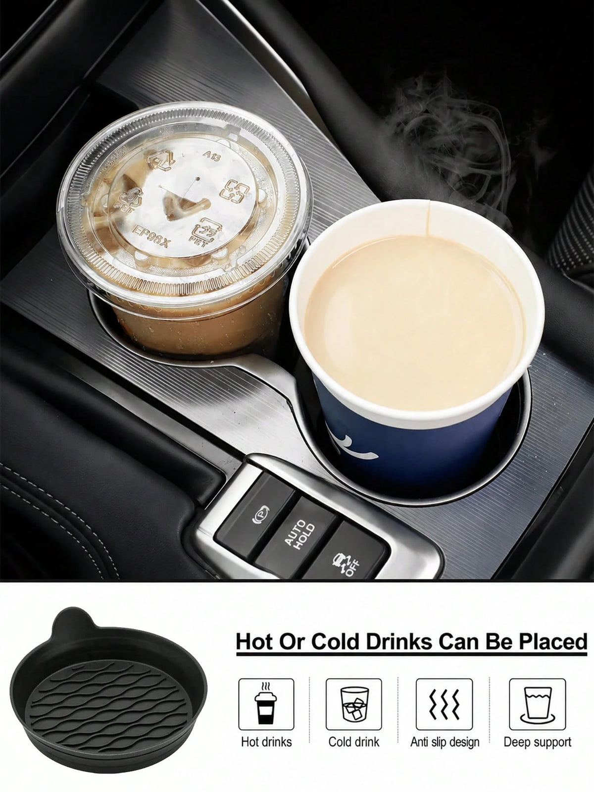 4 Packs Silicone Car Cup Coasters- Non-Slip Universal Holder Inserts For All Vehicles (Black)