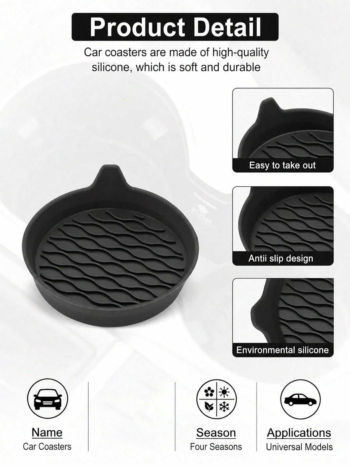 4 Packs Silicone Car Cup Coasters- Non-Slip Universal Holder Inserts For All Vehicles (Black)